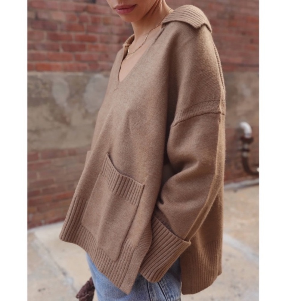 ALL : ROW Chunky Knit V-Neck side Vent Sweater Tan / Camel SZ: Large - Picture 13 of 13